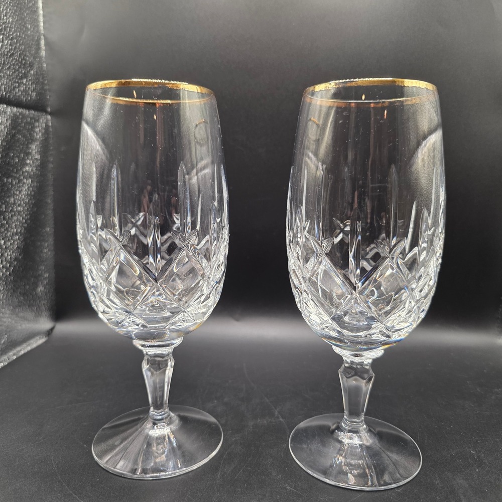 Gorham Lady Anne Gold Crystal Iced Tea Glass Set 2 Gold Trimmed Stemware 8.25in